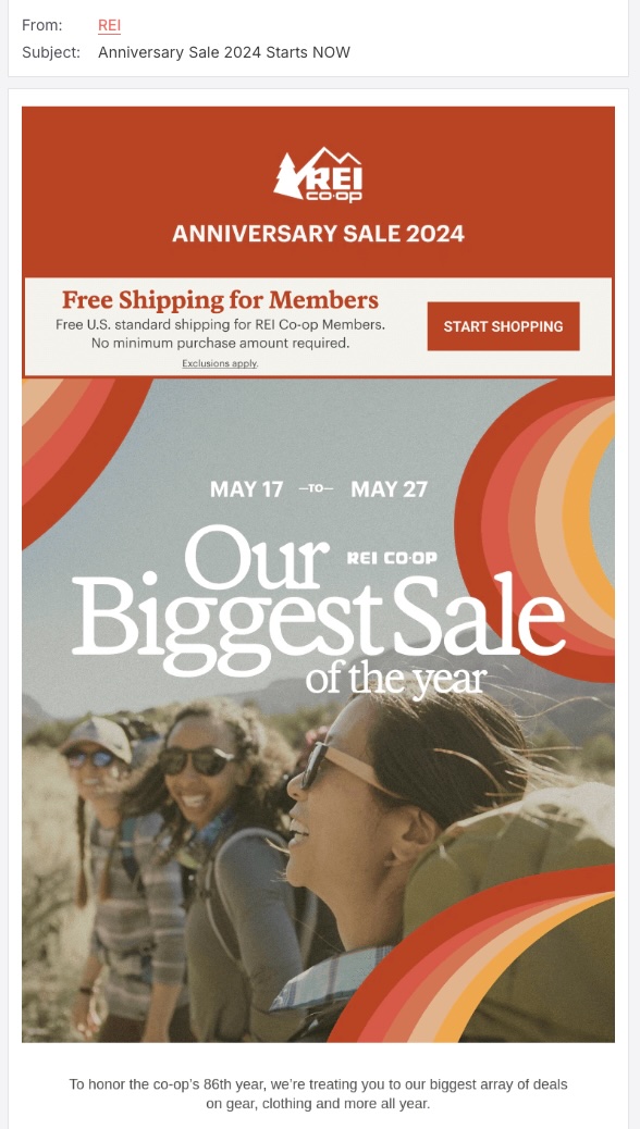 Screenshot of the REI special occasion sales promotion email