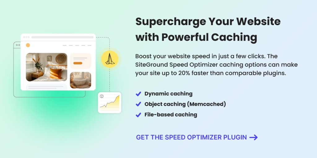 A promotional image for the SiteGround Speed Optimizer plugin, featuring a mockup of a website with a bedroom interior. The text highlights how the plugin can boost website speed by up to 20% with dynamic caching, object caching (Memcached), and file-based caching. A call-to-action button reads "GET THE SPEED OPTIMIZER PLUGIN" with a yellow rocket icon and a graph icon emphasizing performance improvement.