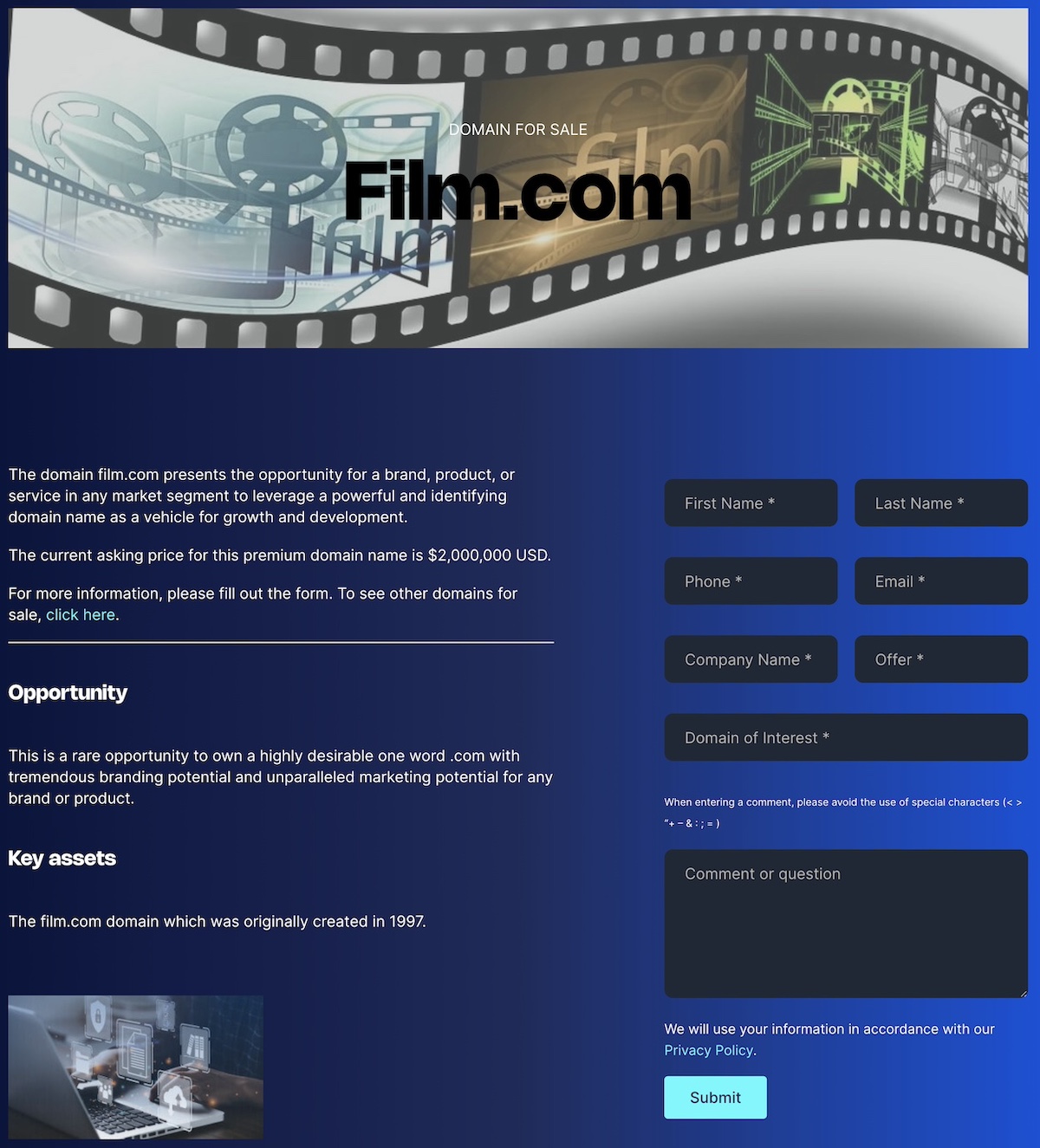 Domain for sale landing page example
