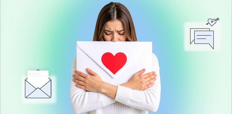 Woman hugging envelope with a red heart, expressing emotion for a "we miss you" email. Background icons included.