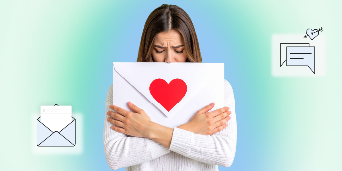 Woman hugging envelope with a red heart, expressing emotion for a "we miss you" email. Background icons included.