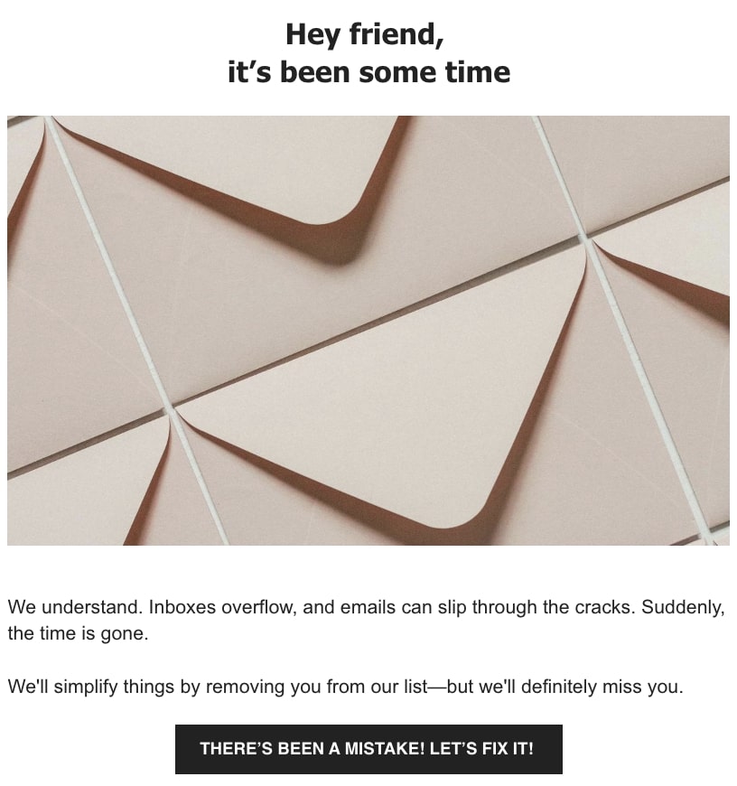 "We Miss You" email with envelopes. Acknowledges lost connection and offers to fix it, expressing a desire to stay in touch.