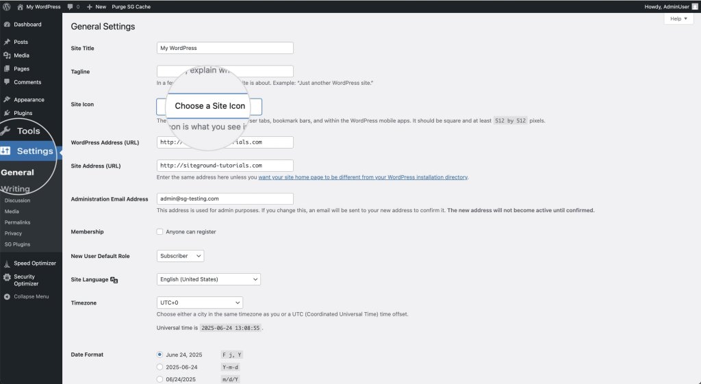 Uploading a site icon to a WordPress website