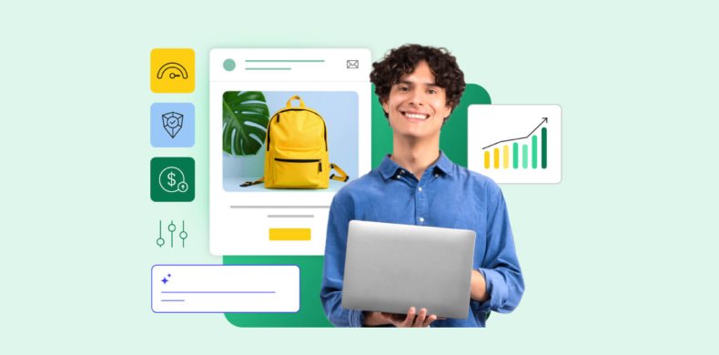 Smiling young man holding a laptop, surrounded by website interface elements and eCommerce icons, representing online business and hosting performance.