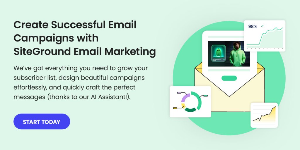 Promotional image for SiteGround Email Marketing, highlighting tools for creating successful email campaigns with AI assistance.