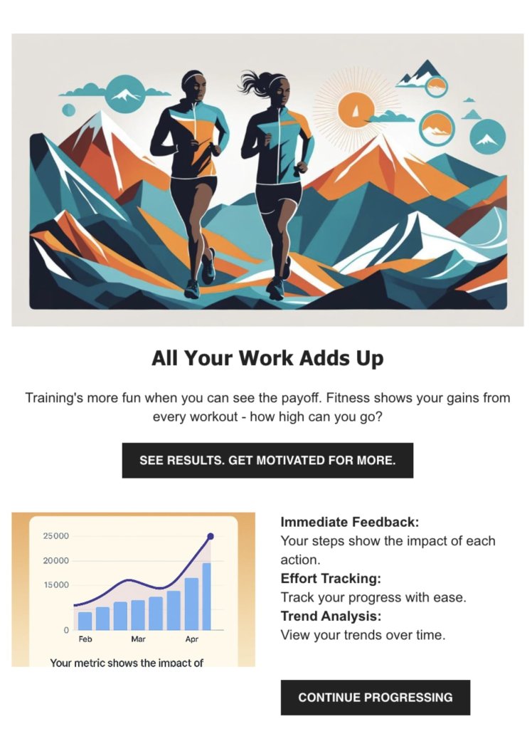 Illustration of two runners with mountains. Text: "All Your Work Adds Up." Encourages tracking fitness progress and motivation.