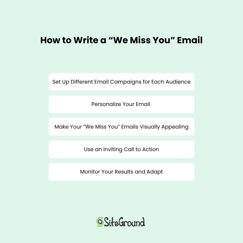 Guide on writing "We Miss You" emails: customize campaigns, personalize, enhance visuals, use calls to action, and adapt results.