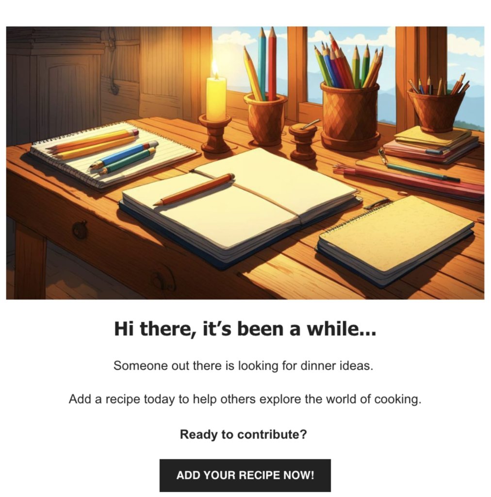 "We miss you" email with a cozy desk scene, inviting the recipient to share recipes and contribute to cooking ideas.