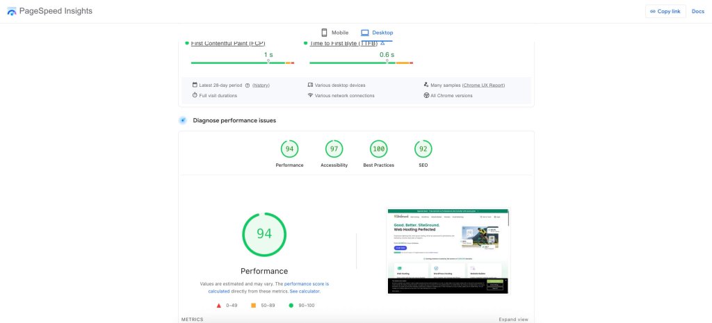 Google PageSpeed Insights report for a SiteGround-hosted website showing strong performance scores: 94 performance, 97 accessibility, 100 best practices, and 92 SEO.