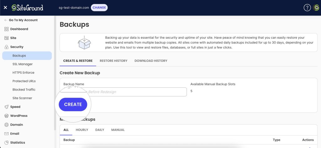 Screenshot of SiteGround’s backup interface, showing options to create and restore backups, with available manual slots and daily backup history tabs.