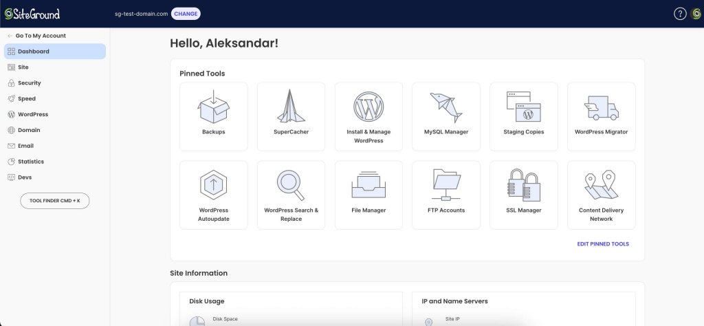 Dashboard view of SiteGround’s Site Tools with pinned tools like backups, SuperCacher, staging, WordPress manager, FTP accounts, SSL, and CDN.