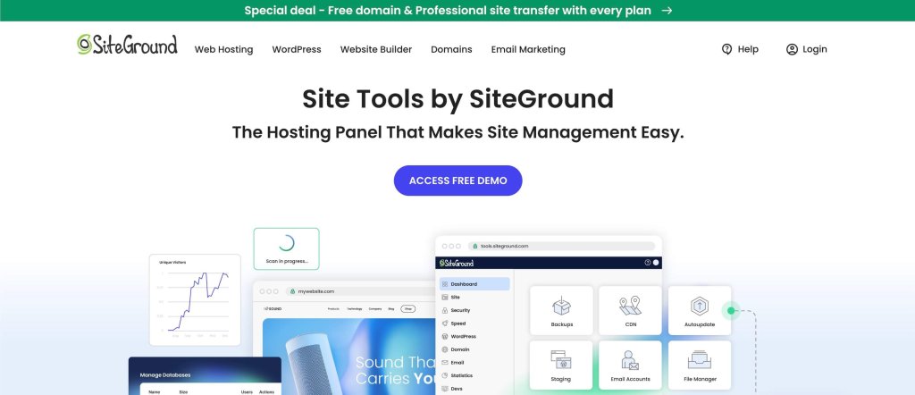 SiteGround landing page promoting Site Tools panel with a demo access CTA and visuals of the interface highlighting site management features.