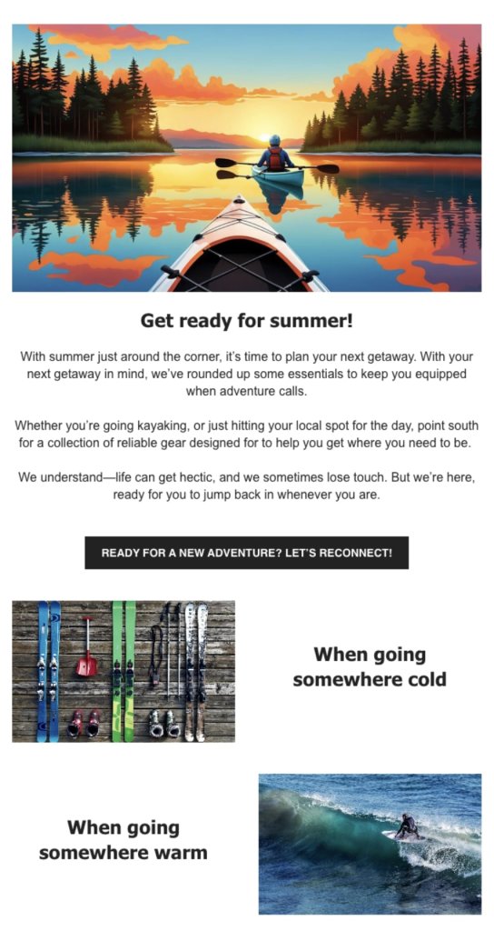 "We Miss You" email featuring a kayak on a lake at sunset. Encourages reconnecting and planning summer adventures with essential gear.