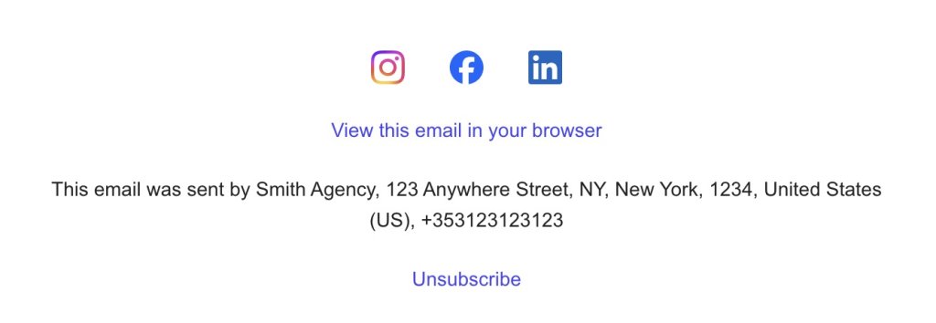 Email footer with social media icons for Instagram, Facebook, and LinkedIn, a link to view the email in a browser, sender's contact information, and an unsubscribe option.