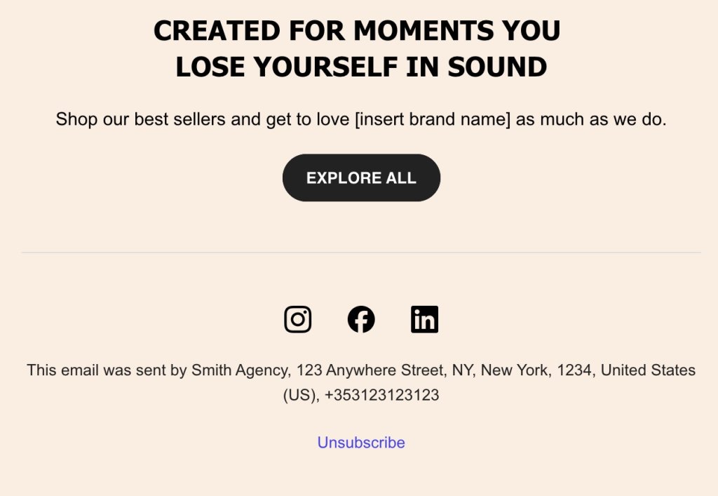 Promotional email highlighting best sellers with a call to "Explore All," featuring social media icons for Instagram, Facebook, and LinkedIn, sender's contact info, and an unsubscribe link.