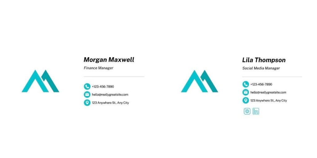 Business cards for Morgan Maxwell, Finance Manager, and Lila Thompson, Social Media Manager, with contact information and a stylized logo.