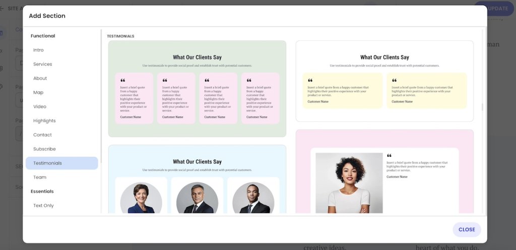image of SiteGround Website Builder where you can add predesigned secions