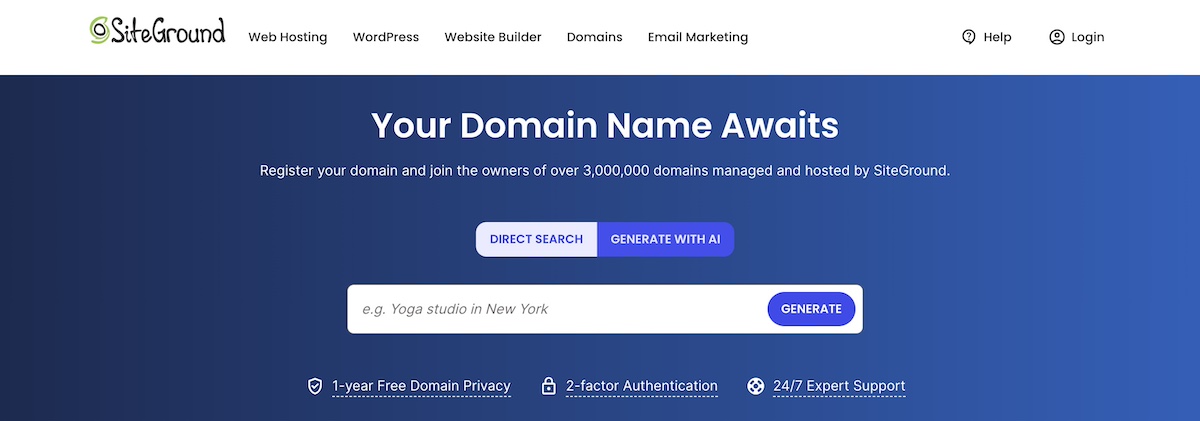 Image of choosing a domain name with SiteGround AI suggestion tool