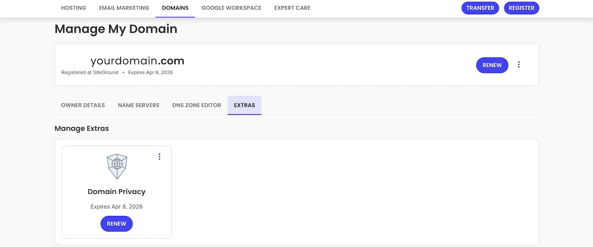 Image of domain privacy management in SiteGround client area