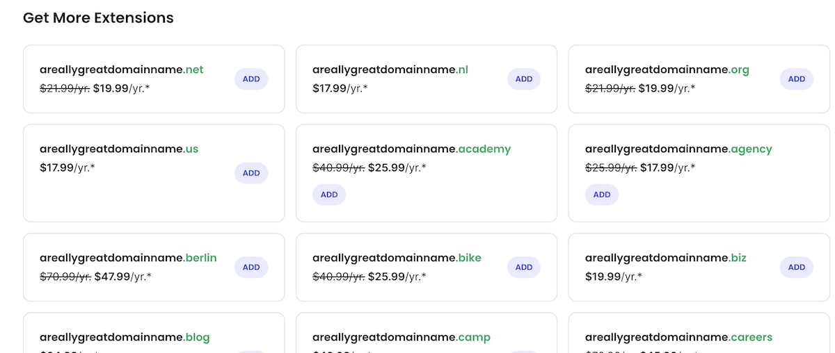 Image of multiple domain extension options