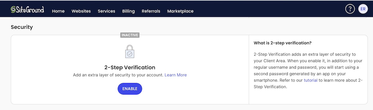 Image of setting up 2 step verification in SiteGround client area