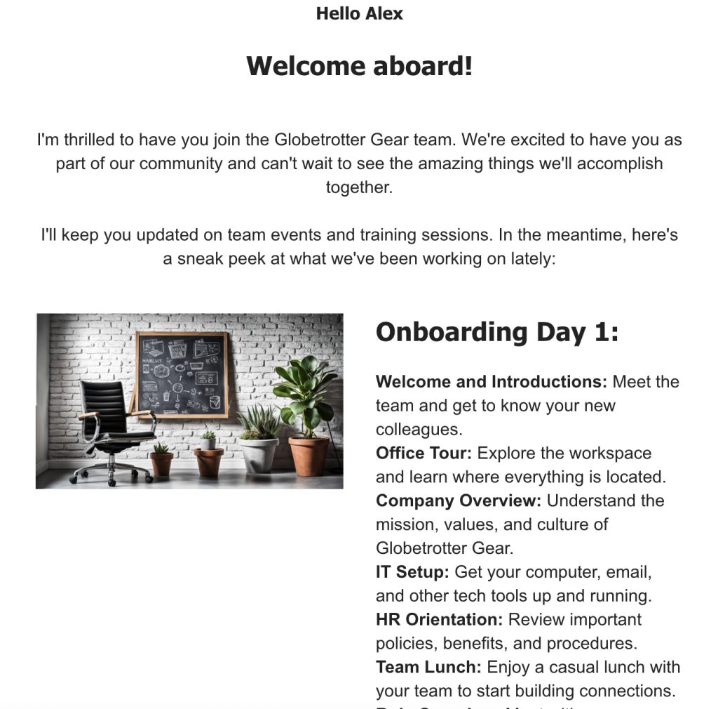 Welcome email for new team member Alex at Globetrotter Gear, outlining Day 1 onboarding activities. Includes an image of an office with a chair, plants, and a chalkboard.
