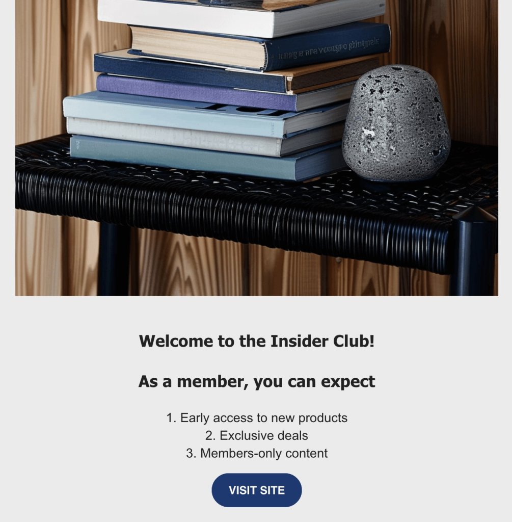 A stack of books on a black woven table with a small gray textured stone object beside them. The background features wooden paneling. Below the image, text reads: "Welcome to the Insider Club! As a member, you can expect 1. Early access to new products 2. Exclusive deals 3. Members-only content." A blue button labeled "VISIT SITE" is at the bottom.