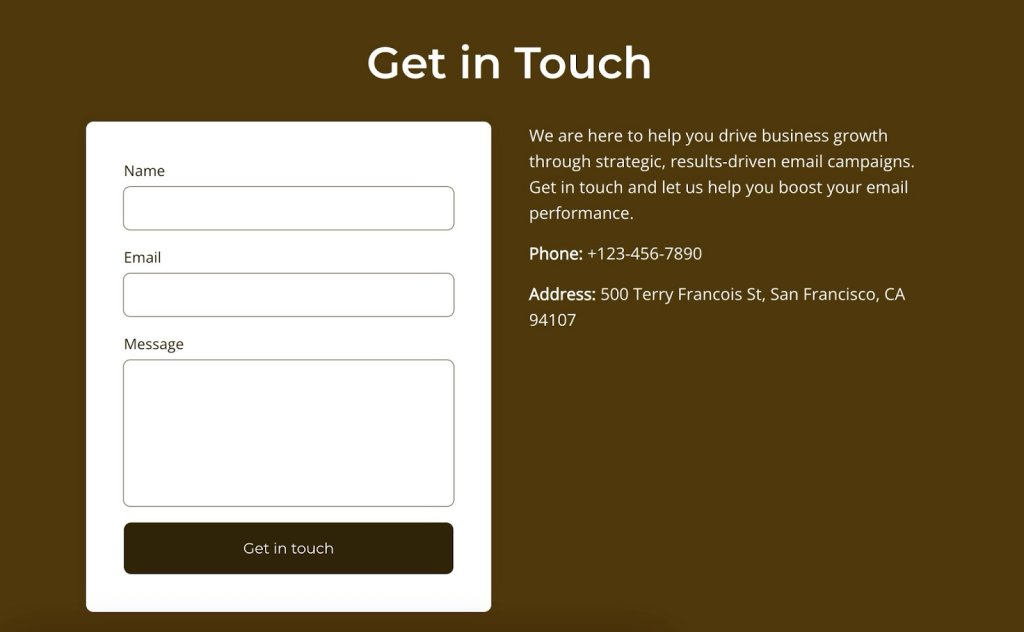 A Contact Us page featuring clear and inviting calls to action, such as 'Get in Touch' and 'Send Us a Message'.