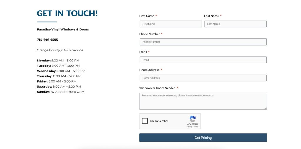 A Contact Us page with comprehensive business information, including address, phone number, service needed, and operating hours.