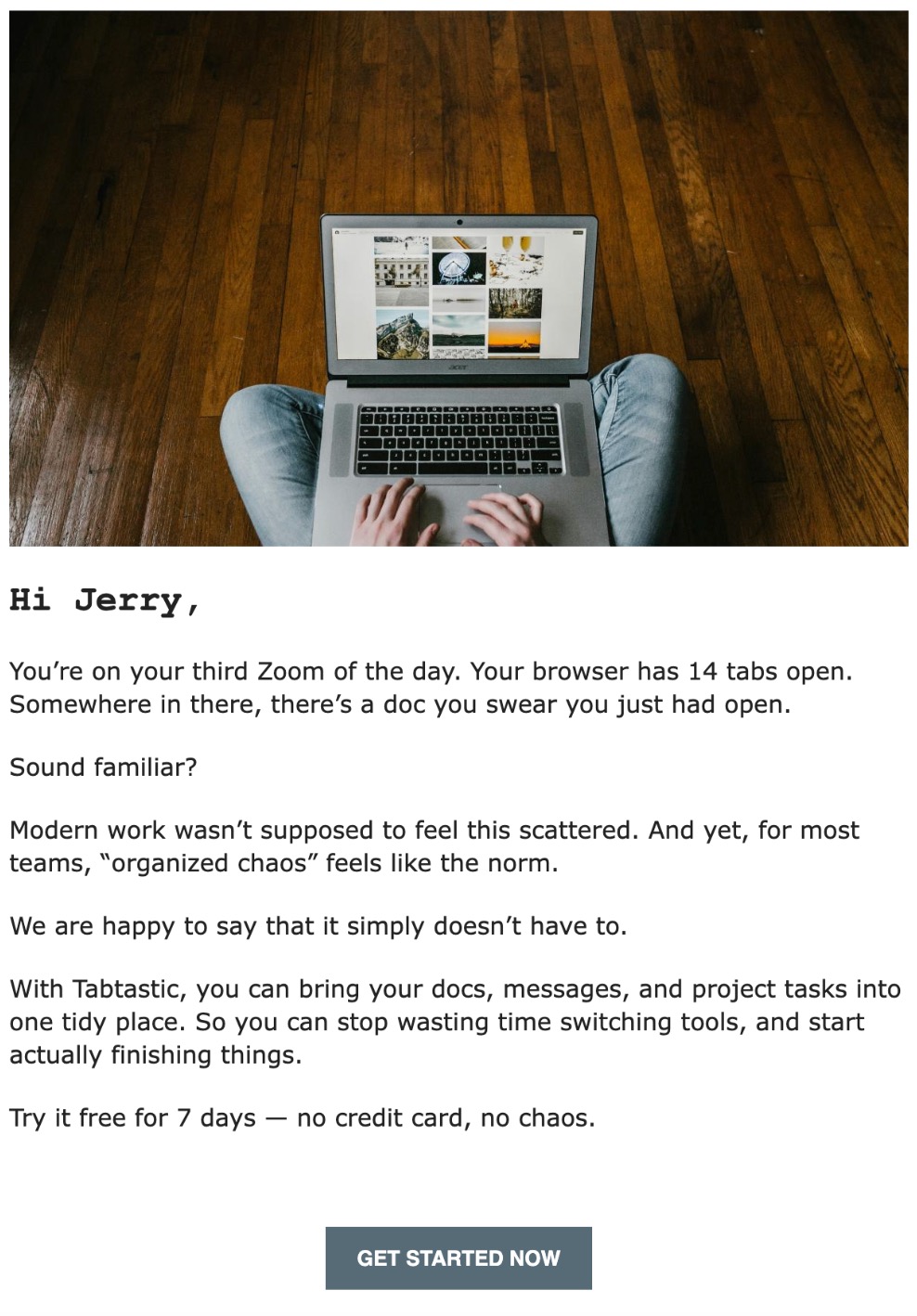 email copywriting example demonstrating Problem–Agitate–Solve formula as described in the text
