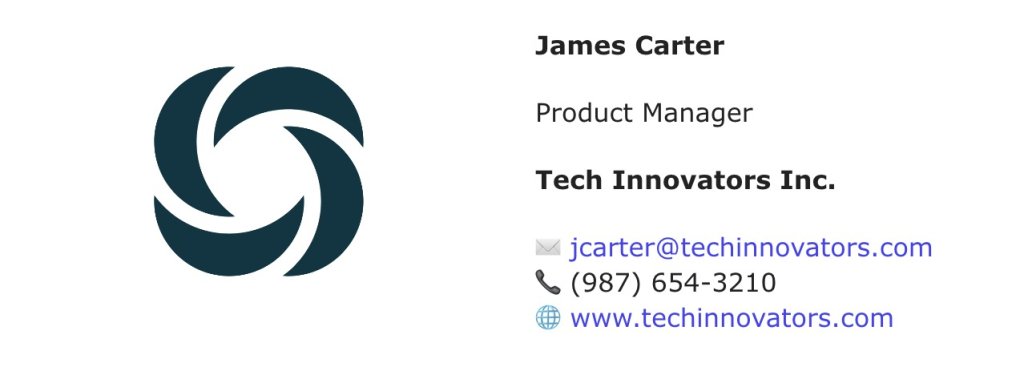 James Carter's business card as a Product Manager at Tech Innovators Inc., featuring contact information and a circular logo.