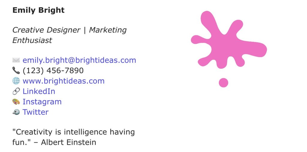 Emily Bright's business card as a Creative Designer and Marketing Enthusiast, including contact details, social media links, and a pink splash graphic.