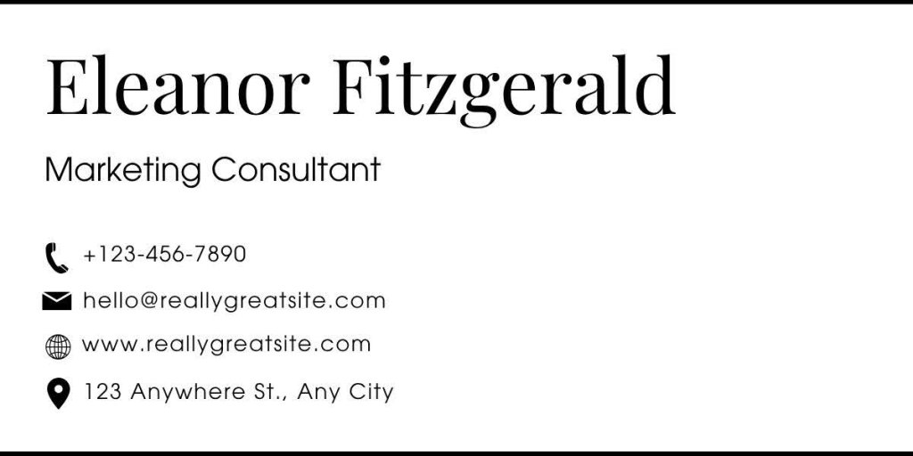 Eleanor Fitzgerald's business card as a Marketing Consultant, displaying contact details and a minimalist design.
