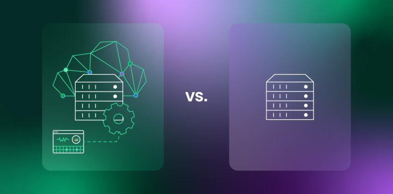 Illustration comparing managed vs. unmanaged hosting. On the left, a server icon is connected to a network of nodes, a gear, and a performance dashboard—representing managed hosting with automation and monitoring. On the right, a plain server icon represents unmanaged hosting. The background features a gradient of green and purple tones.