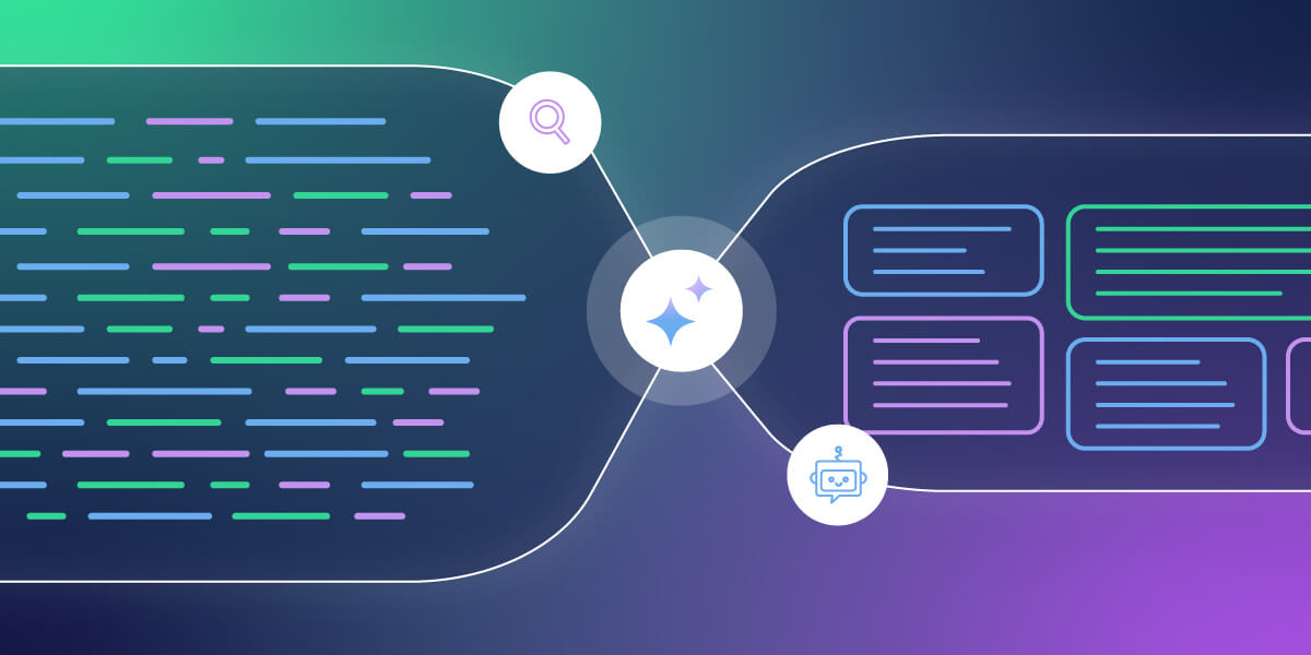 Illustration of Retrieval-Augmented Generation (RAG) in AI showing a flow from unstructured data and search to AI-powered structured outputs, symbolizing how businesses can extract insights using RAG technology.