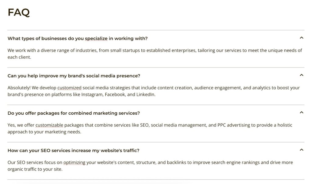 FAQ section detailing marketing services, including social media strategies, combined marketing packages, and SEO optimization for increased website traffic.