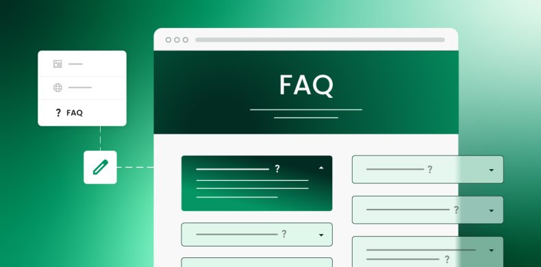 Illustration of an FAQ page layout with question and answer sections, featuring a green color scheme and design elements for a clean, organized look.