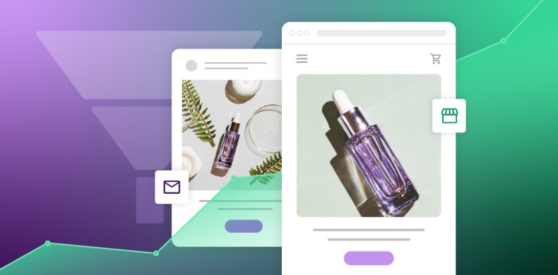 An image featuring two online product listings for skincare items, including a purple dropper bottle with a white dropper and a similar bottle surrounded by skincare products and leaves. The listings include icons for email and shopping, with a green upward-trending graph in the background symbolizing growth, set against a gradient of purple and green.