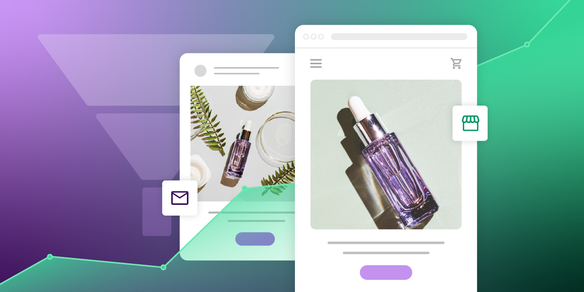 An image featuring two online product listings for skincare items, including a purple dropper bottle with a white dropper and a similar bottle surrounded by skincare products and leaves. The listings include icons for email and shopping, with a green upward-trending graph in the background symbolizing growth, set against a gradient of purple and green.