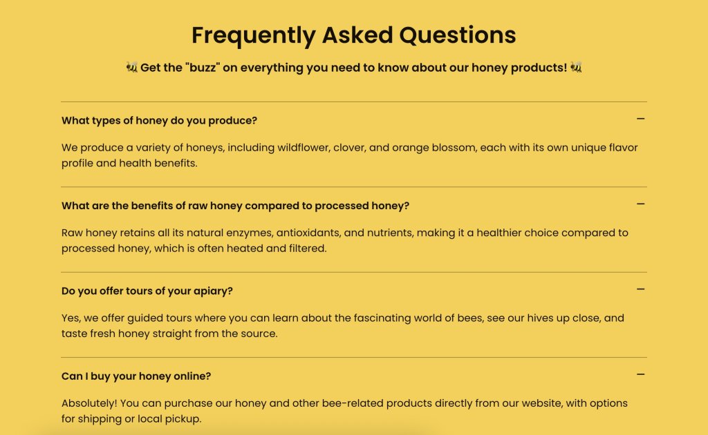 Frequently Asked Questions about Honey Products, including types of honey, benefits of raw honey, apiary tours, and online purchasing options.