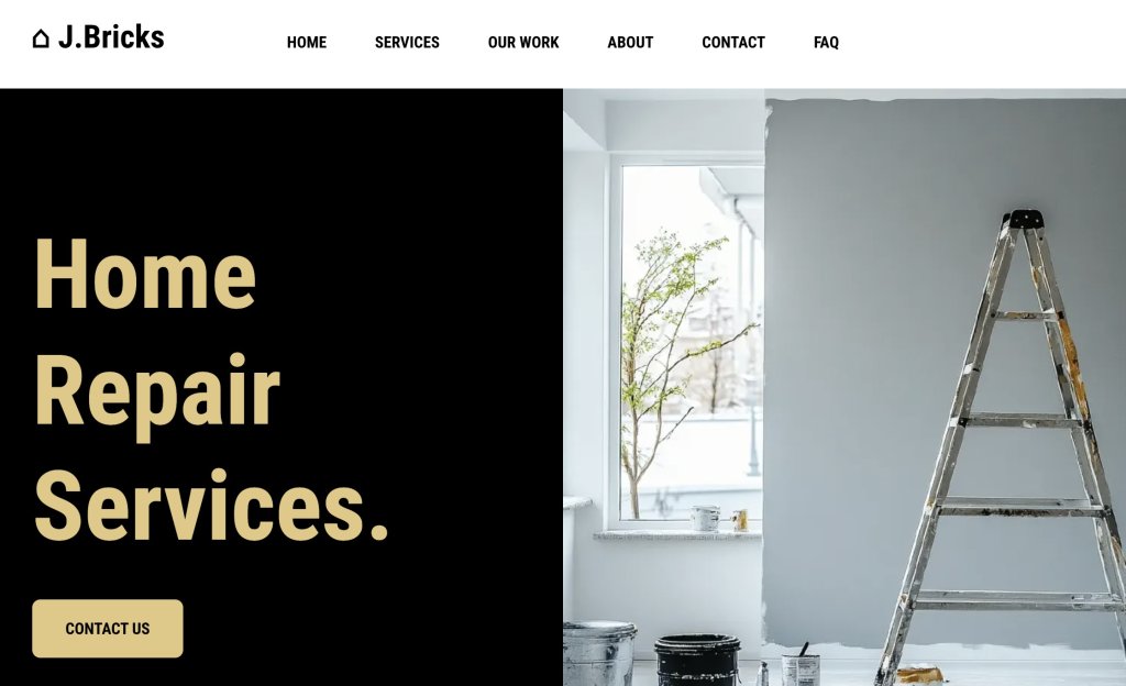 A website header for J.Bricks, showcasing home repair and improvement services. The image features a partially painted wall with a ladder and a window with a view of a tree outside. The navigation panel includes links to Home, Services, Our Work, About, Contact, and FAQ.
