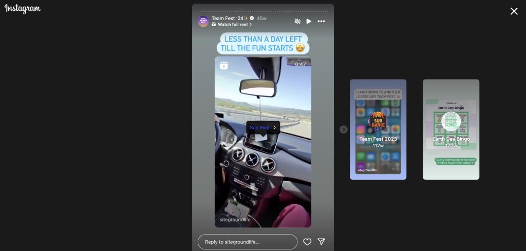 An Instagram reel by Team Fest showing a car dashboard with a countdown message "LESS THAN A DAY LEFT TILL THE FUN STARTS" with emojis, posted 24+ hours ago with 45 weeks of views. Additional related posts include a countdown and an Earth Day Bingo card.