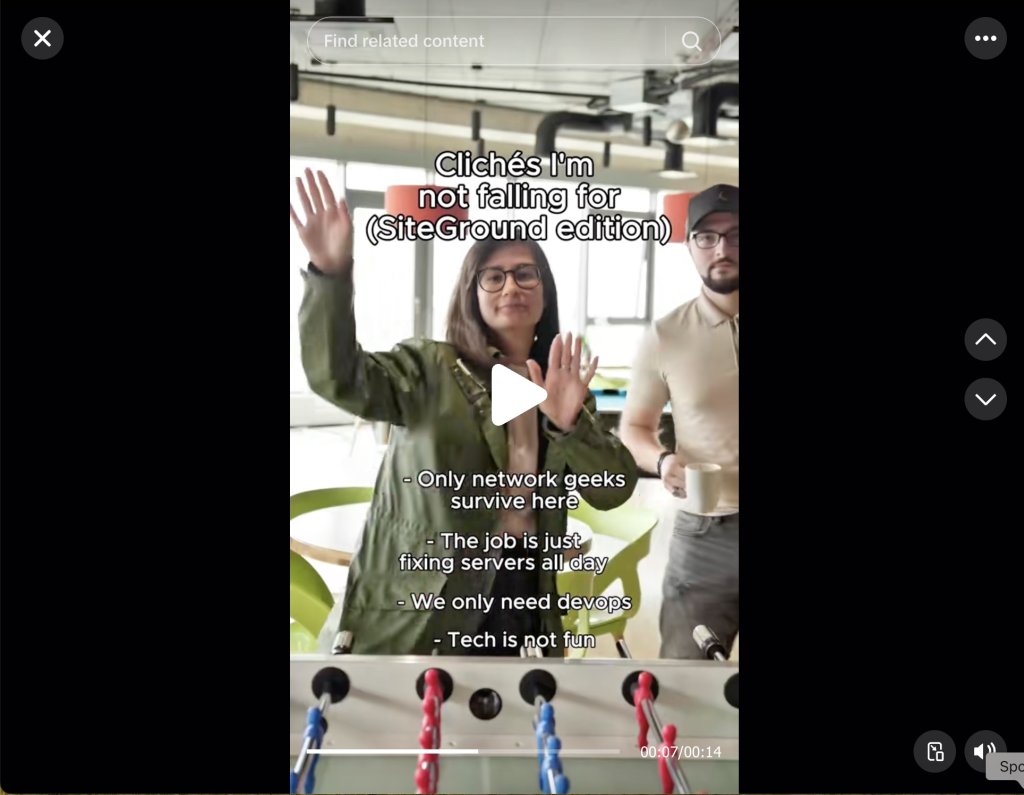 A humorous Instagram video from SiteGround with the title "Clichés I'm not falling for (SiteGround edition)" showing two people waving, with text debunking tech job stereotypes like "Only network geeks survive here" and "Tech is not fun," set in a modern office with a foosball table.