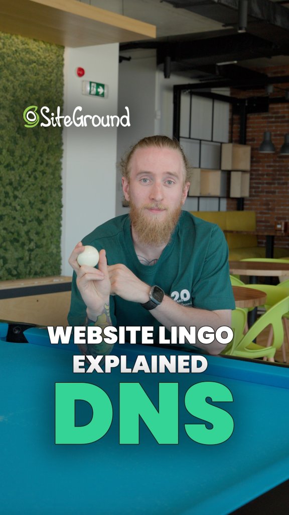 A SiteGround video thumbnail featuring a person holding a billiard ball, with the text "WEBSITE LINGO EXPLAINED DNS" in bold, set against a blue pool table background in a modern office environment.