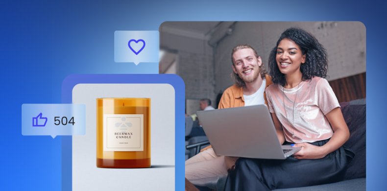 The header image for an article featuring a Beeswax Candle product image on the left with a label, accompanied by icons showing 504 likes and a purple heart. On the right, two people are smiling and working together on a laptop in a cozy office setting with a blue background.