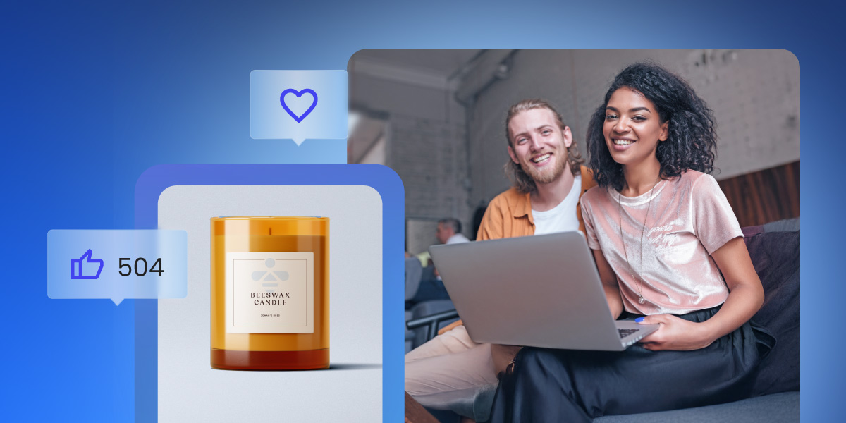 The header image for an article featuring a Beeswax Candle product image on the left with a label, accompanied by icons showing 504 likes and a purple heart. On the right, two people are smiling and working together on a laptop in a cozy office setting with a blue background.