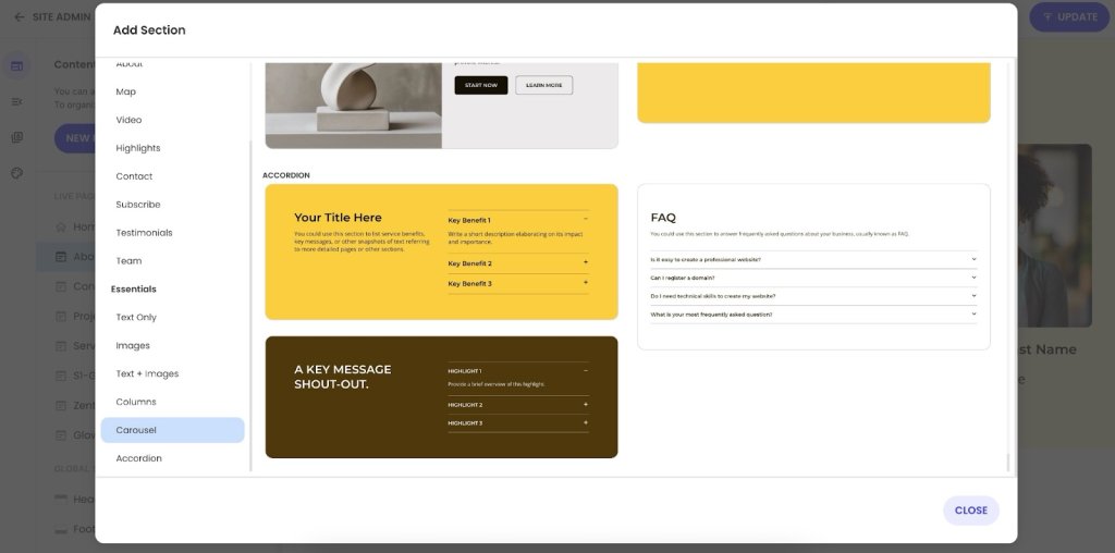 Interface for adding sections to a website, featuring options like carousel, accordion, and FAQ for enhanced content organization.