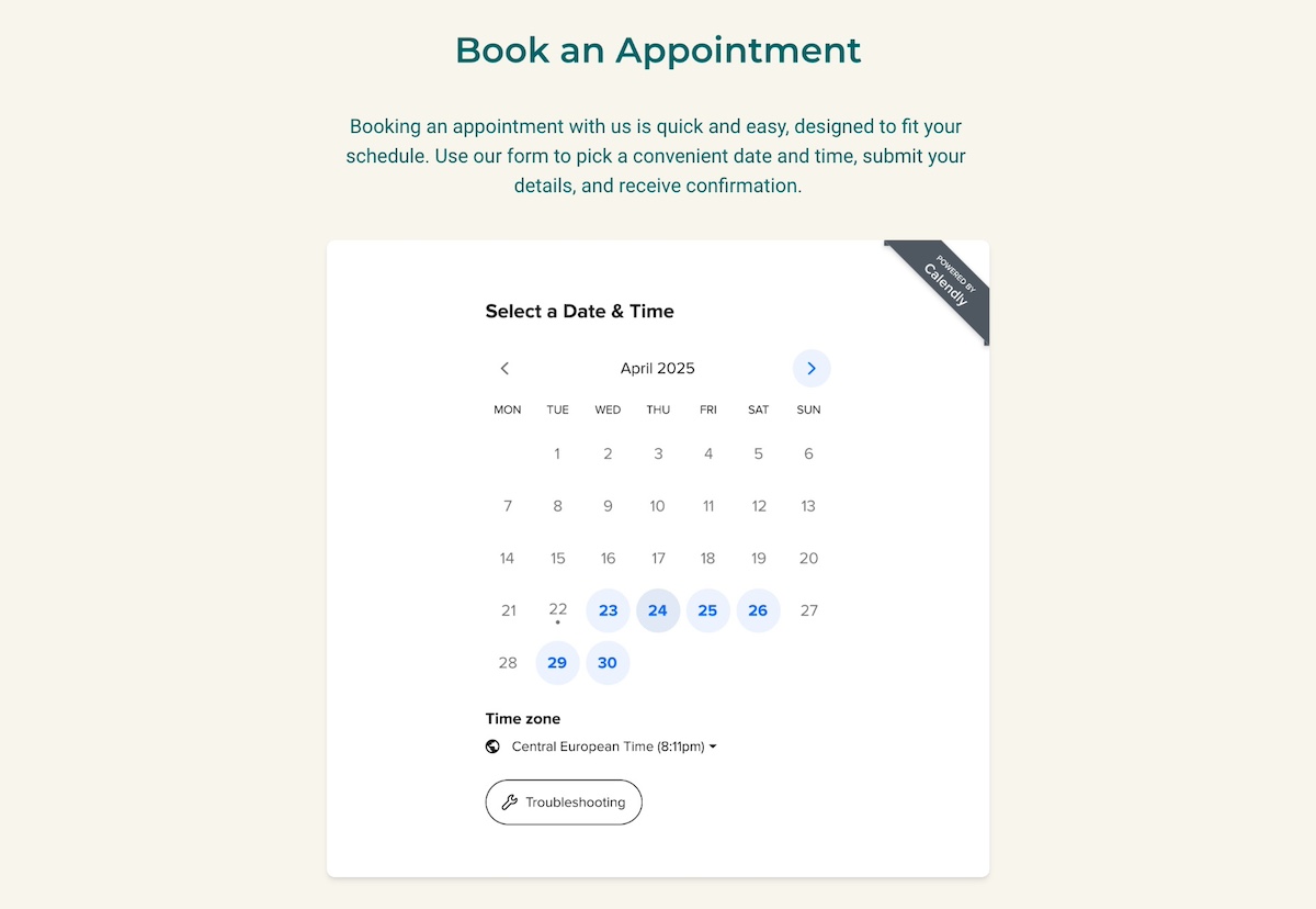 Example of an online booking created with a website builder