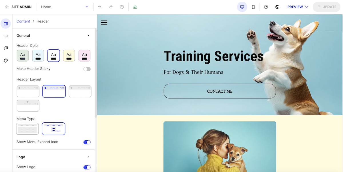 Example of a website builder with color options and header layout