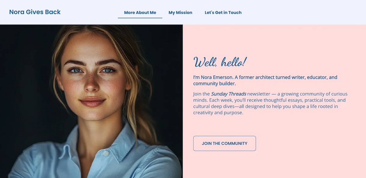 Example of personal website homepage with friendly photo and message